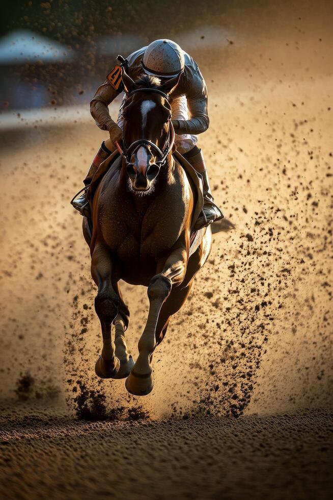 Jockey racing on a horse during sunset on a dirt track, dust swirling around in the air photo