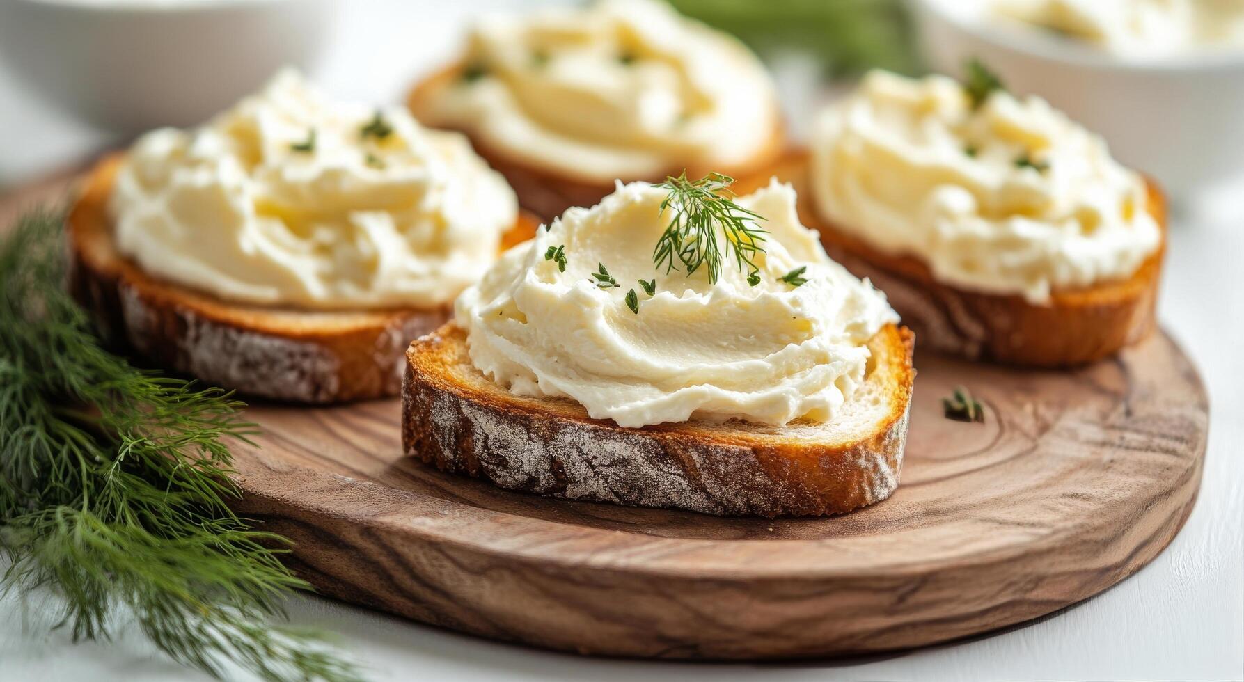 Delicious creamy spread on toasted bread topped with fresh herbs for a delightful appetizer photo