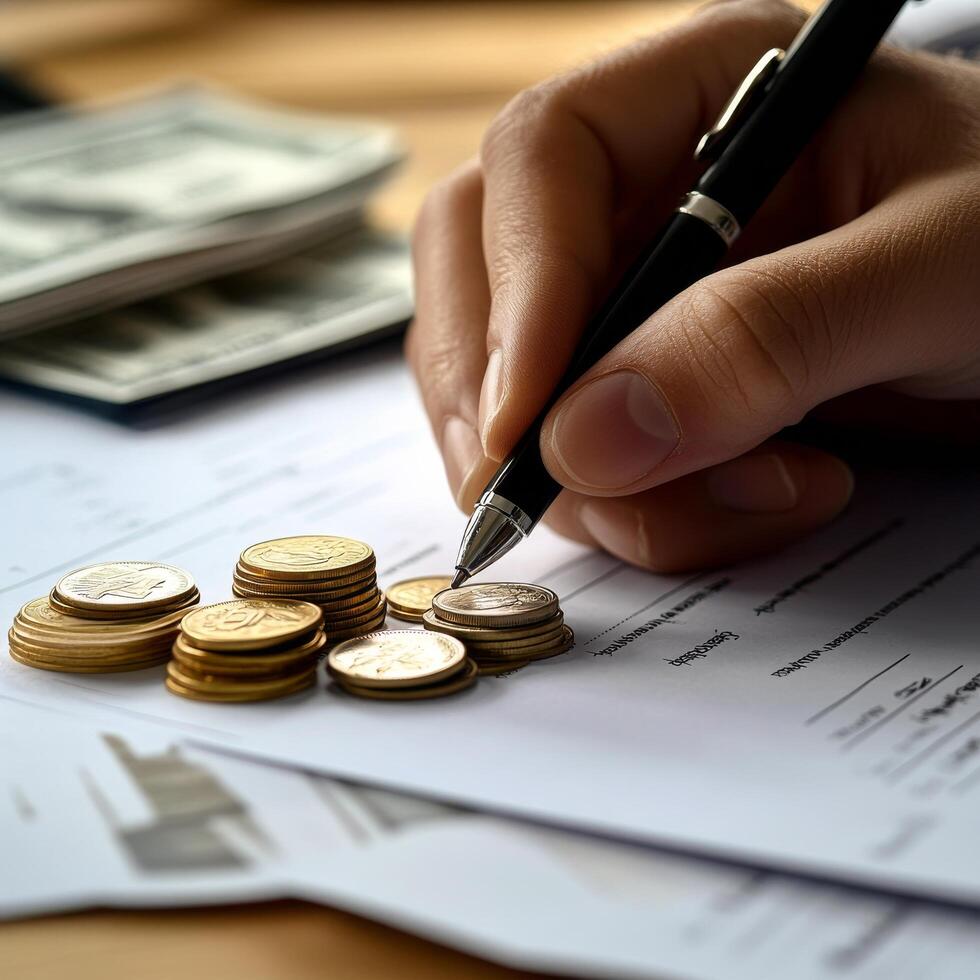 Counting coins and signing paperwork for financial planning at a desk photo