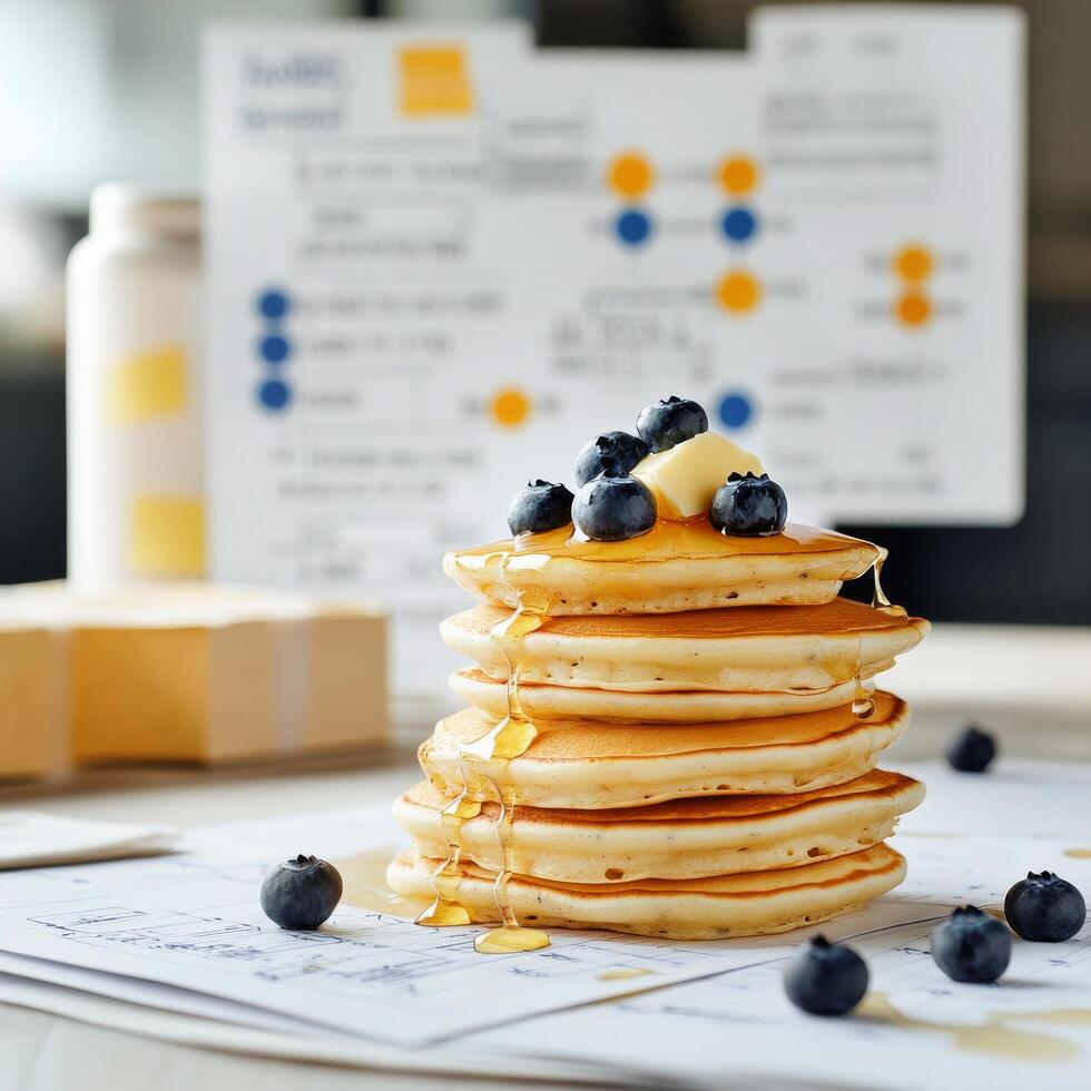 Stack of fluffy pancakes topped with blueberries and syrup on a table with menu notes photo