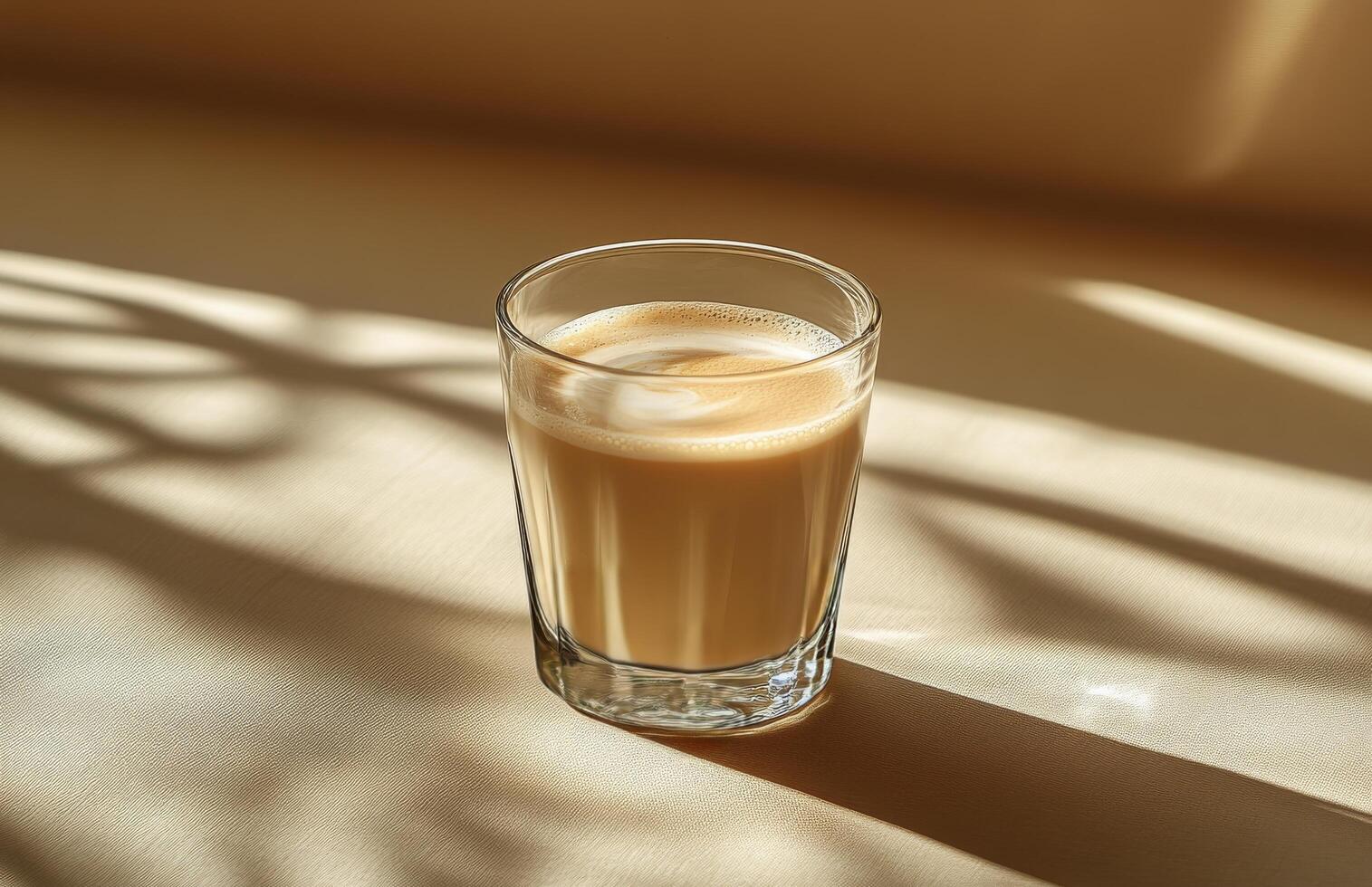 Warm golden beverage resting on a table with soft shadows during afternoon light photo