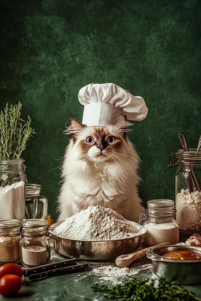 Fluffy cat chef preparing a meal with various ingredients and kitchen tools in a cozy setting photo