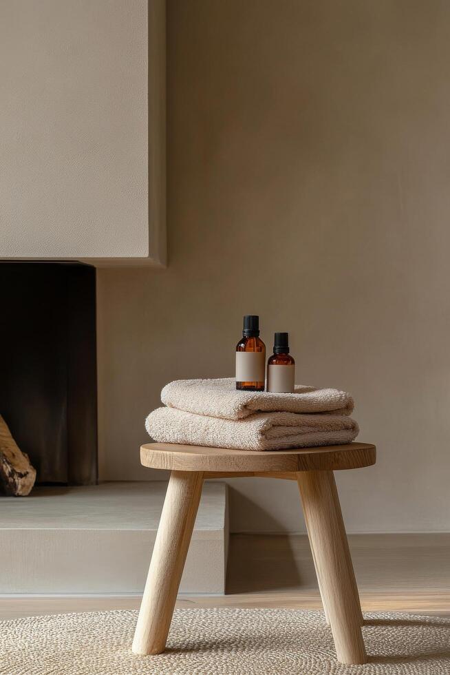 Relaxing home spa setting featuring towels and essential oils in a calming environment photo