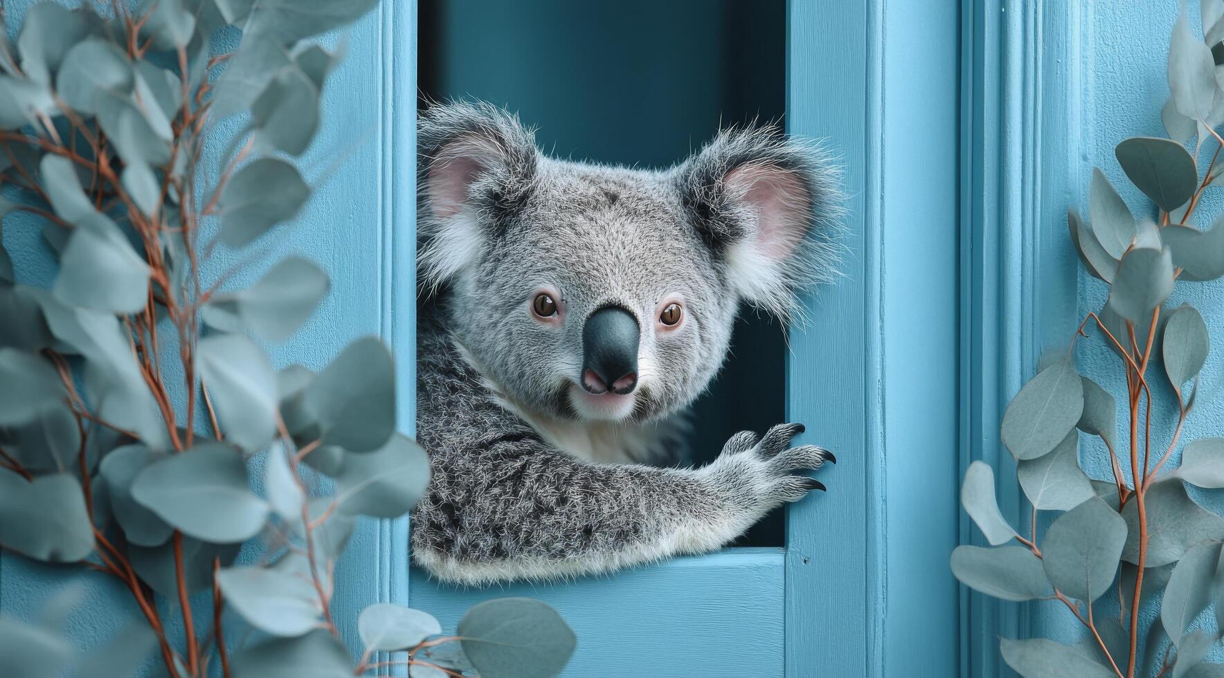 Cute koala peeking from behind a blue door surrounded by eucalyptus leaves during daylight photo