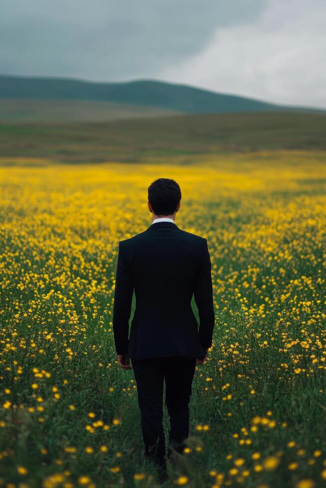 Man walking through vibrant yellow field towards distant hills during sunset photo