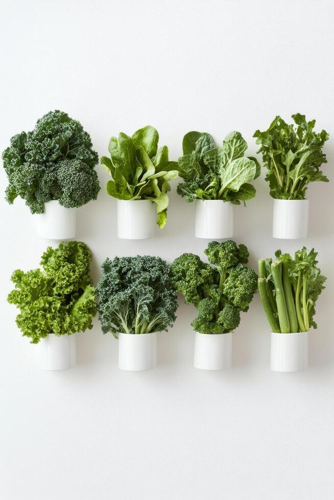 Fresh green vegetables arranged in white containers on a light background displaying healthy lifestyle choices photo