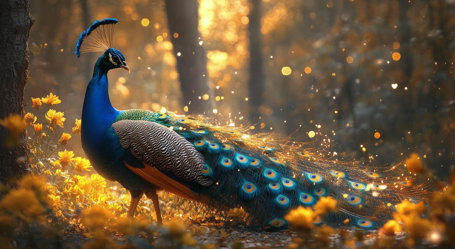 Majestic peacock displaying vibrant feathers in a sunlit forest filled with golden leaves photo