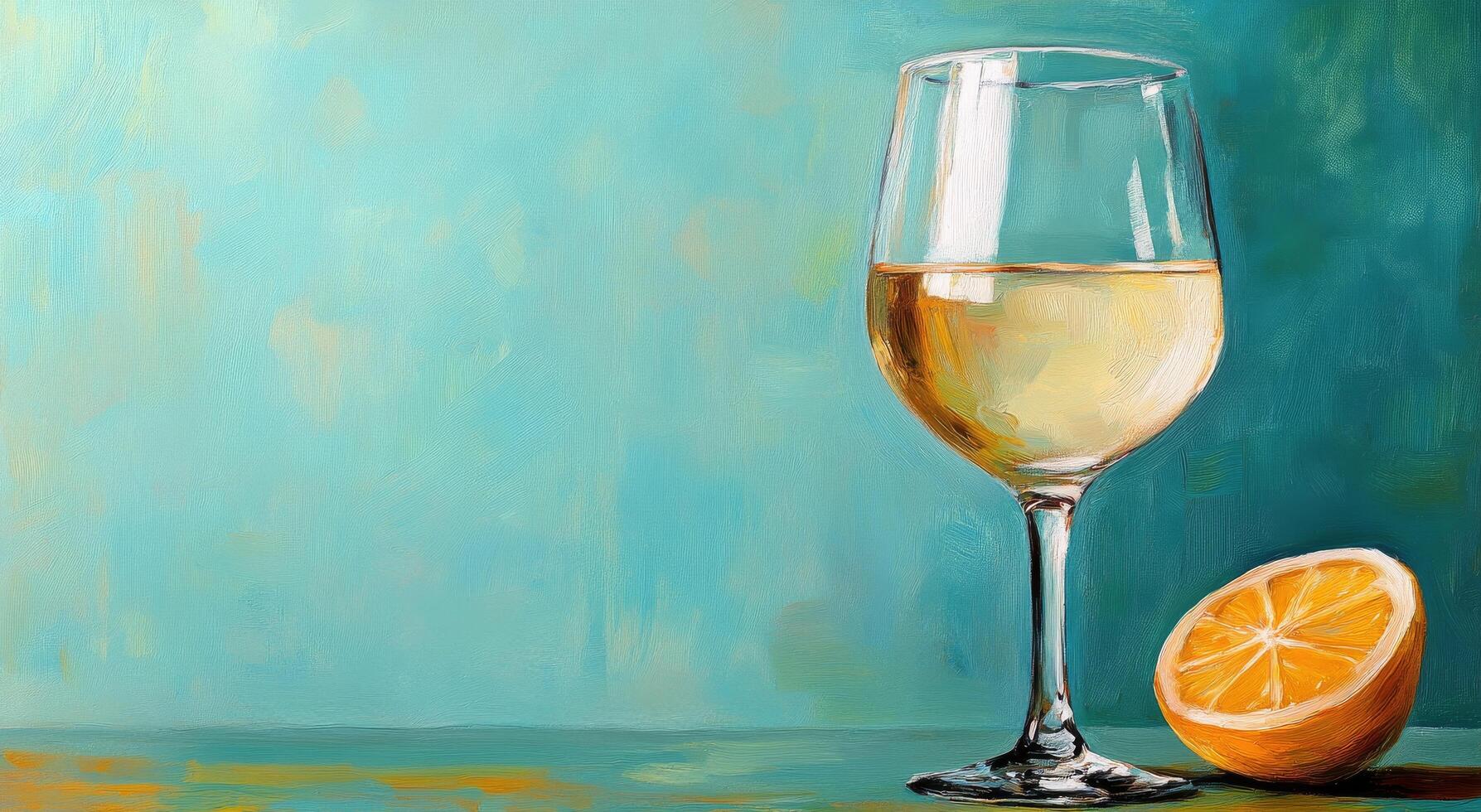 White wine glass with lemon slice on a vibrant blue background photo