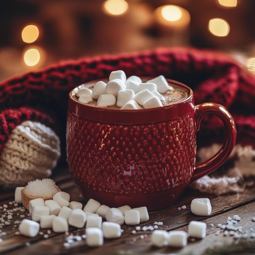 Warm red mug filled with hot chocolate topped with marshmallows against a cozy backdrop photo