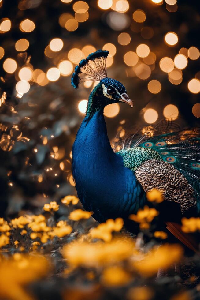 Colorful peacock standing among vibrant yellow flowers in a garden during golden hour photo