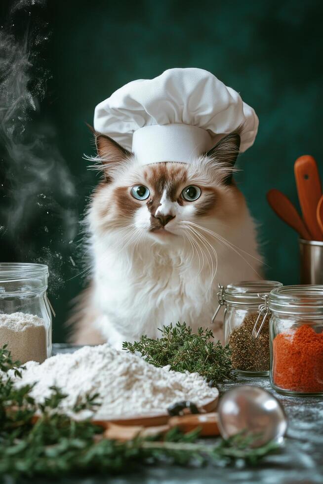 Fluffy cat chef preparing a meal with various ingredients and kitchen tools in a cozy setting photo
