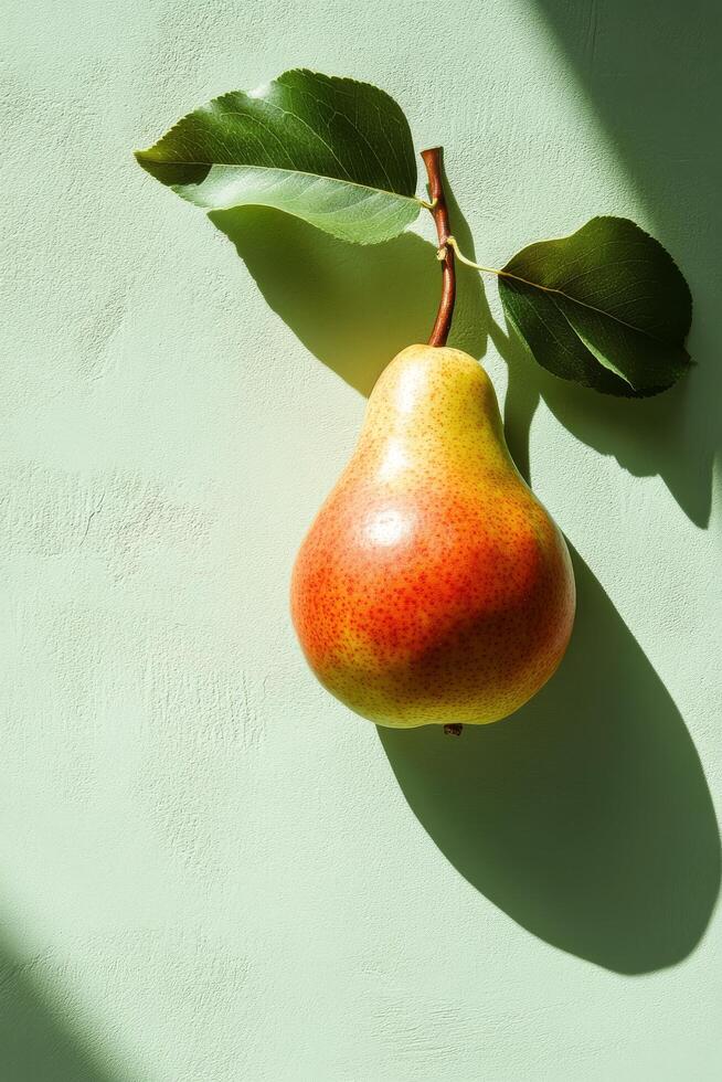 Fresh pear hanging from branch with green leaves on a light green background in morning light photo