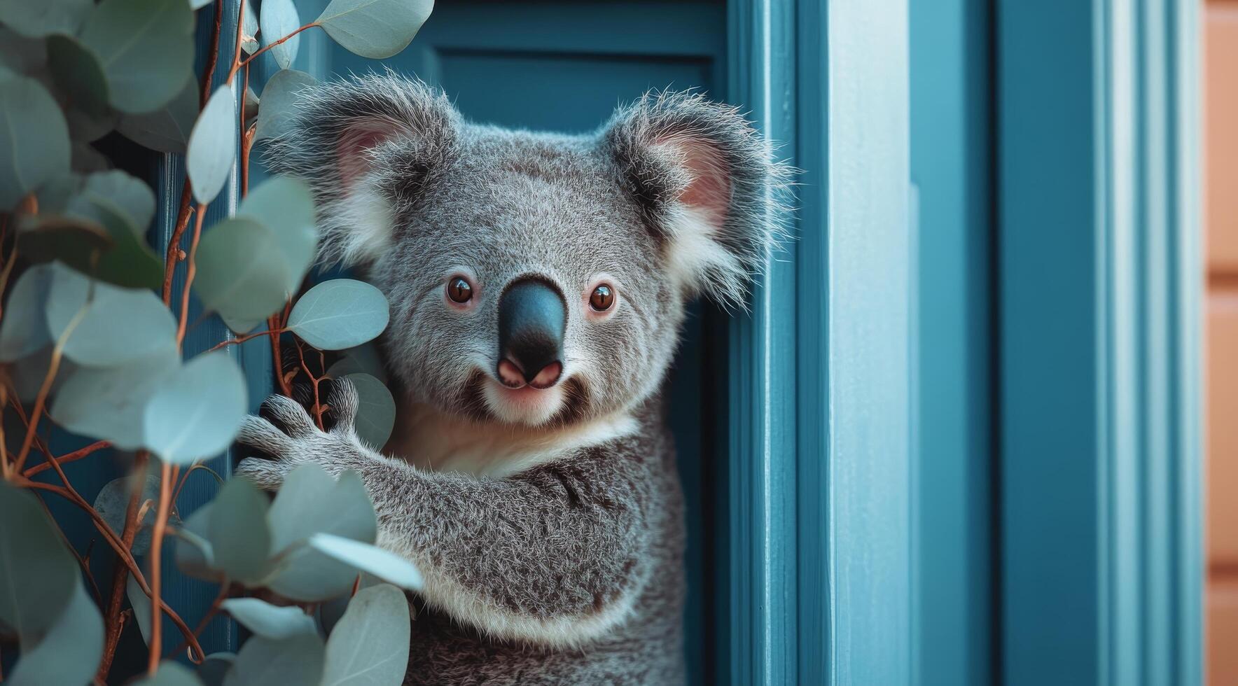Cute koala peeking from behind a blue door surrounded by eucalyptus leaves during daylight photo