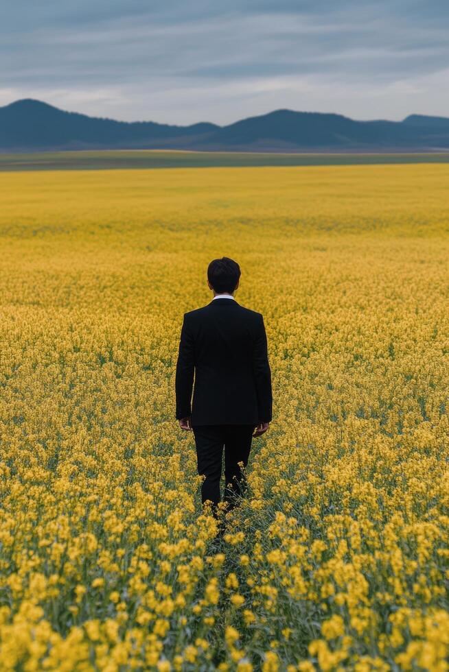 Man walking through vibrant yellow field towards distant hills during sunset photo