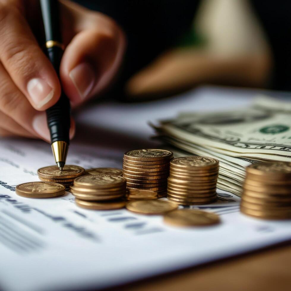 Counting coins and signing paperwork for financial planning at a desk photo