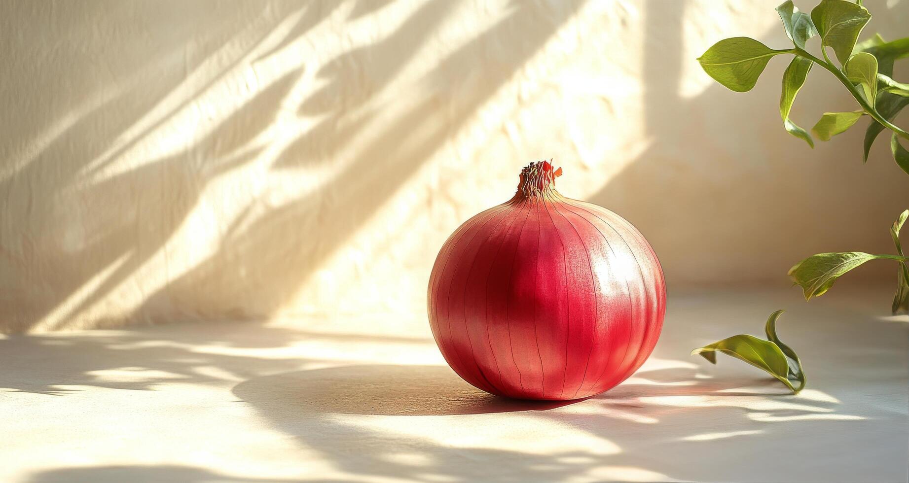 Red onion resting on a surface with gentle light illuminating its texture and shape photo