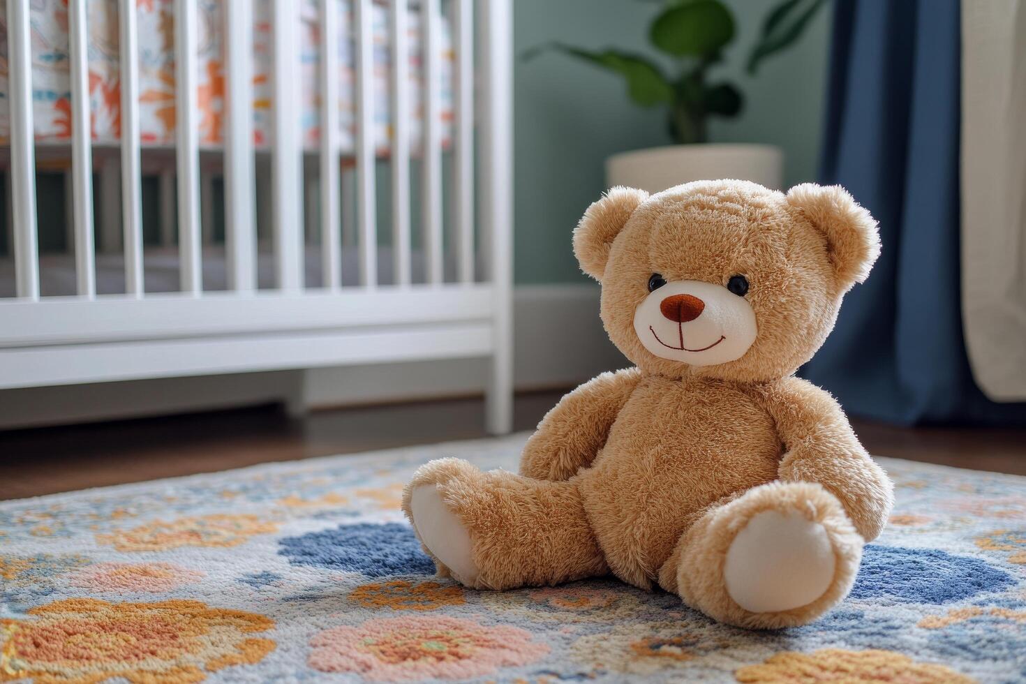 Cozy nursery with a teddy bear on the floor and a crib by the window in a modern home photo