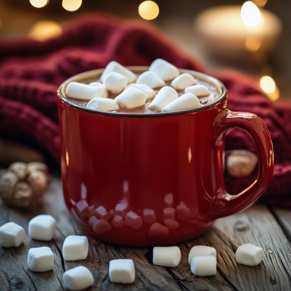Warm red mug filled with hot chocolate topped with marshmallows against a cozy backdrop photo