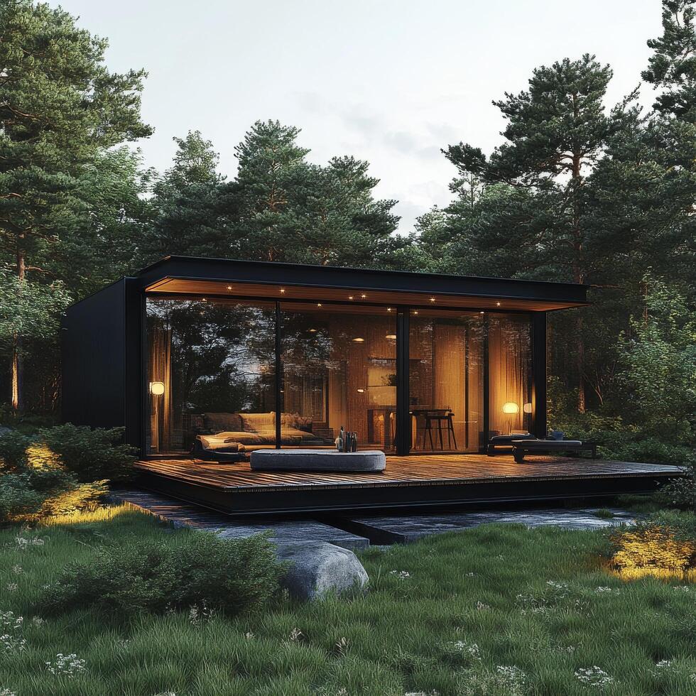 Modern glass house surrounded by greenery in a serene forest setting at dusk photo