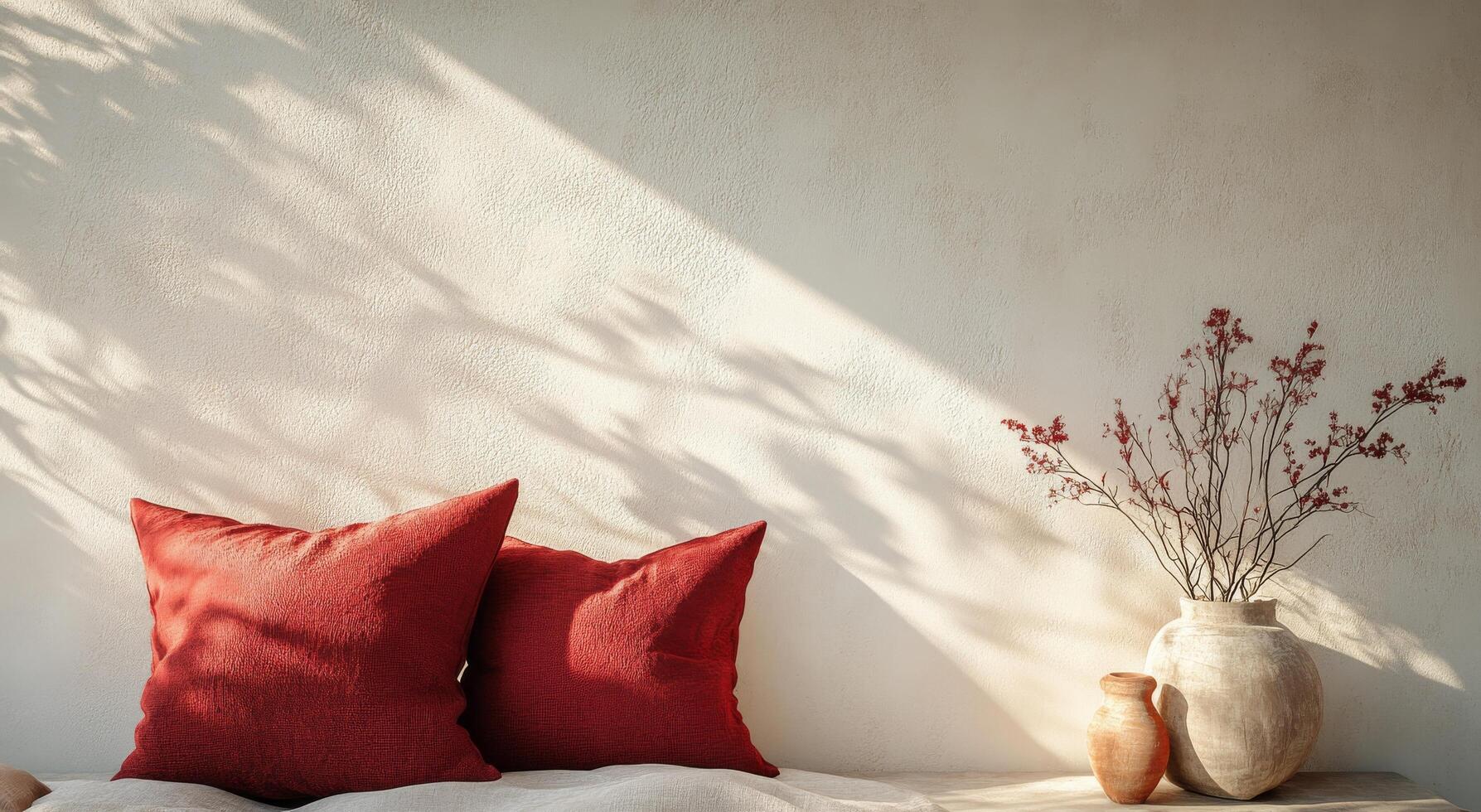 Cozy interior with warm red pillows and simple ceramic vases enhancing the tranquil atmosphere photo