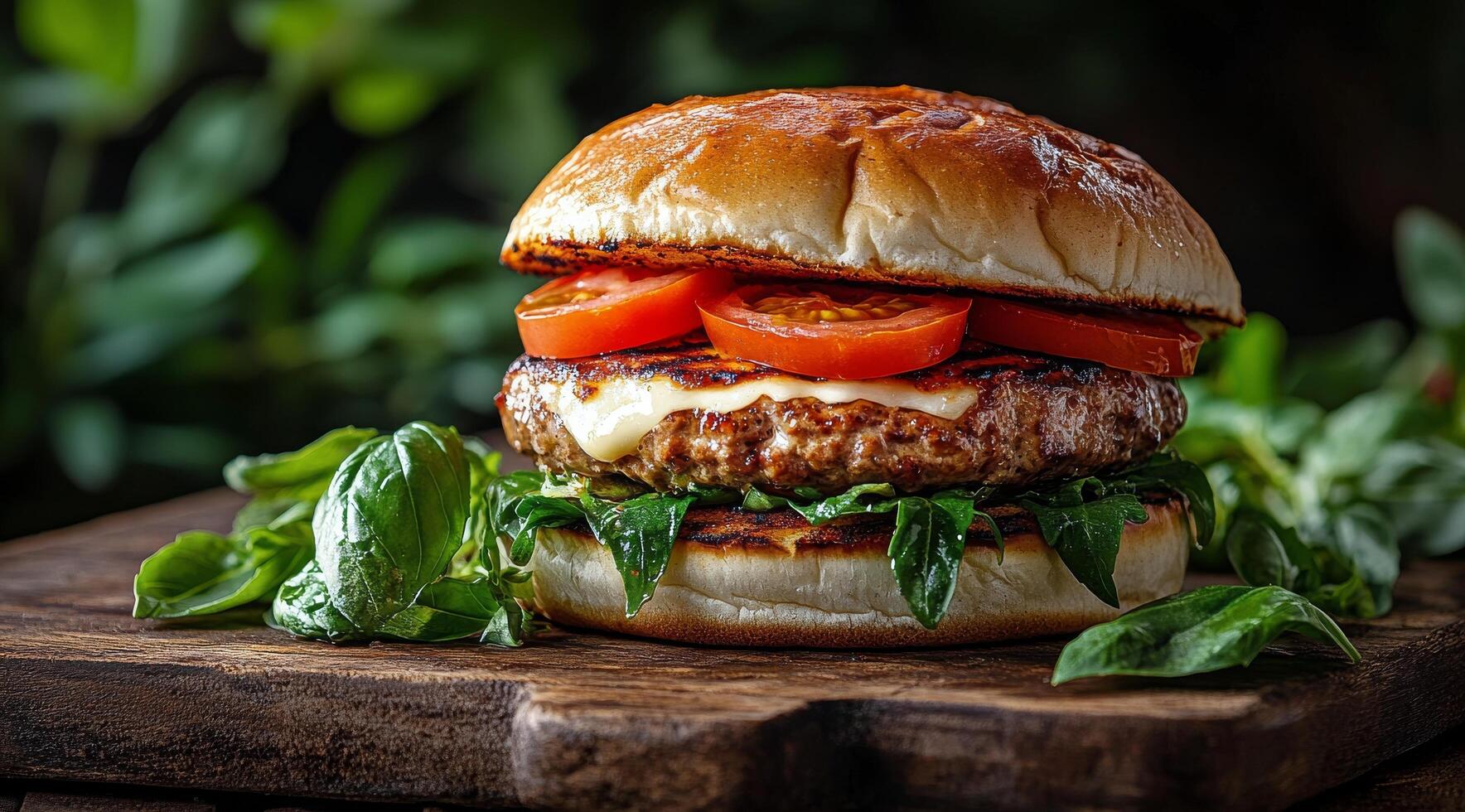 Delicious gourmet burger with fresh ingredients in a lush green setting photo