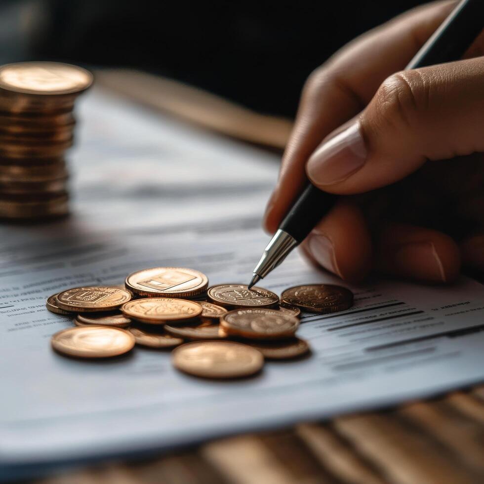 Counting coins and signing paperwork for financial planning at a desk photo