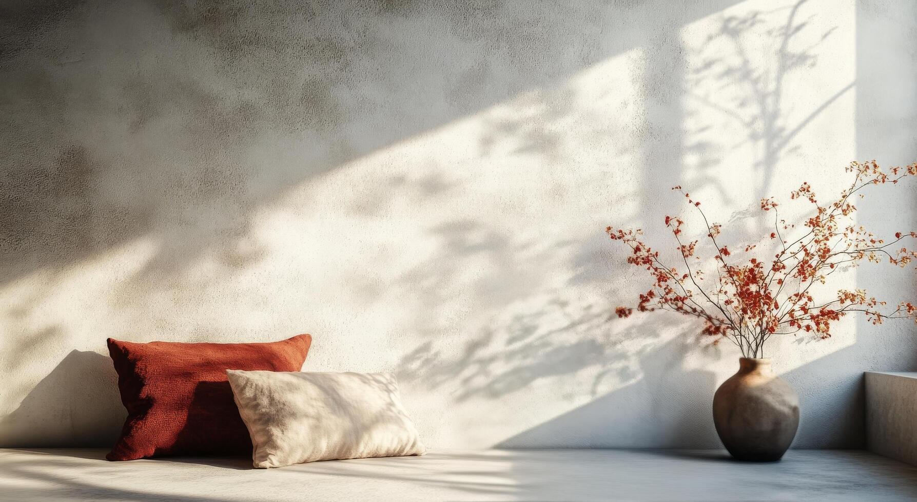 Cozy interior with warm red pillows and simple ceramic vases enhancing the tranquil atmosphere photo
