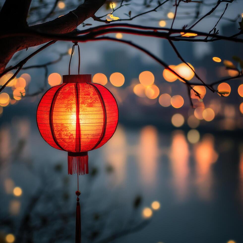 Red lantern illuminating riverside at dusk with city lights in background photo