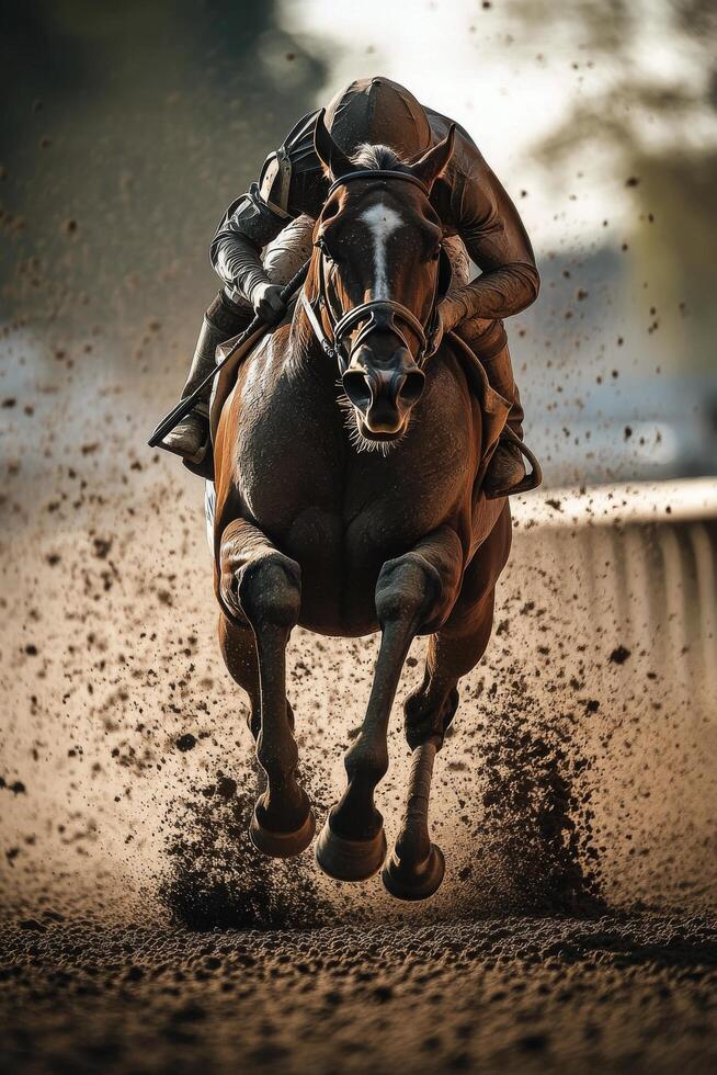 Jockey racing on a horse during sunset on a dirt track, dust swirling around in the air photo