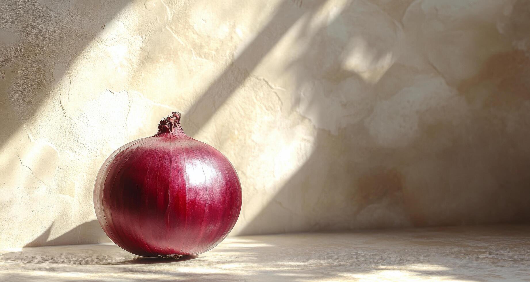 Red onion resting on a surface with gentle light illuminating its texture and shape photo