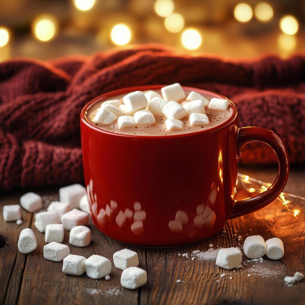 Warm red mug filled with hot chocolate topped with marshmallows against a cozy backdrop photo