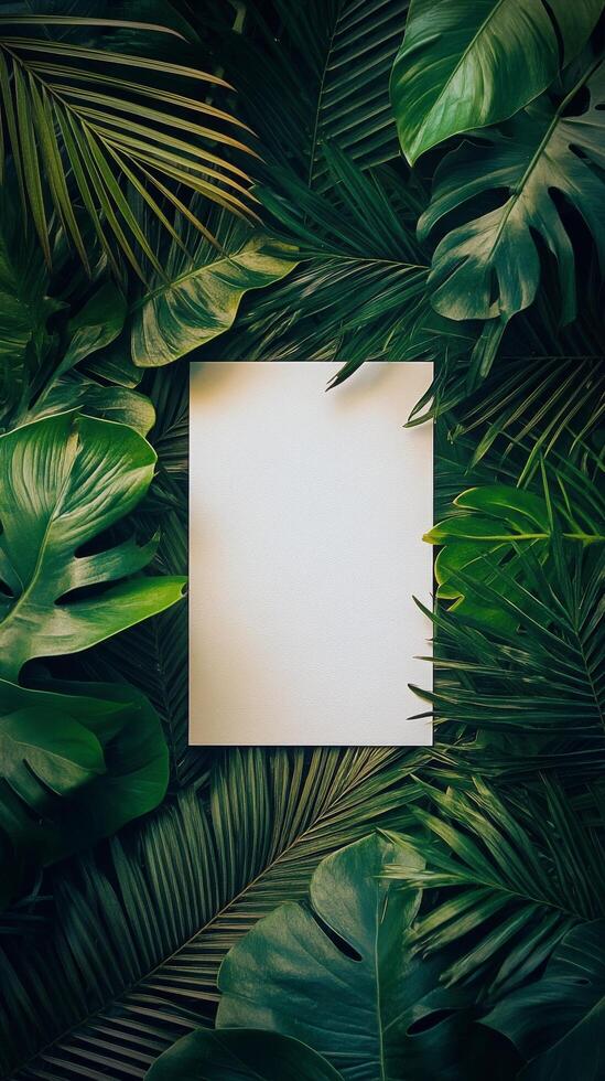 Creative blank canvas surrounded by lush tropical leaves in a serene setting photo