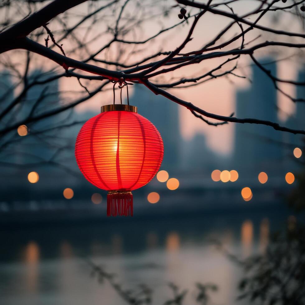 Red lantern illuminating riverside at dusk with city lights in background photo
