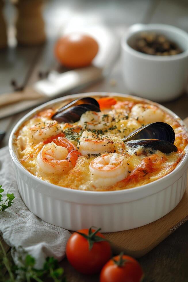 Delicious seafood casserole with shrimp and mussels cooked to perfection at a cozy kitchen setting photo