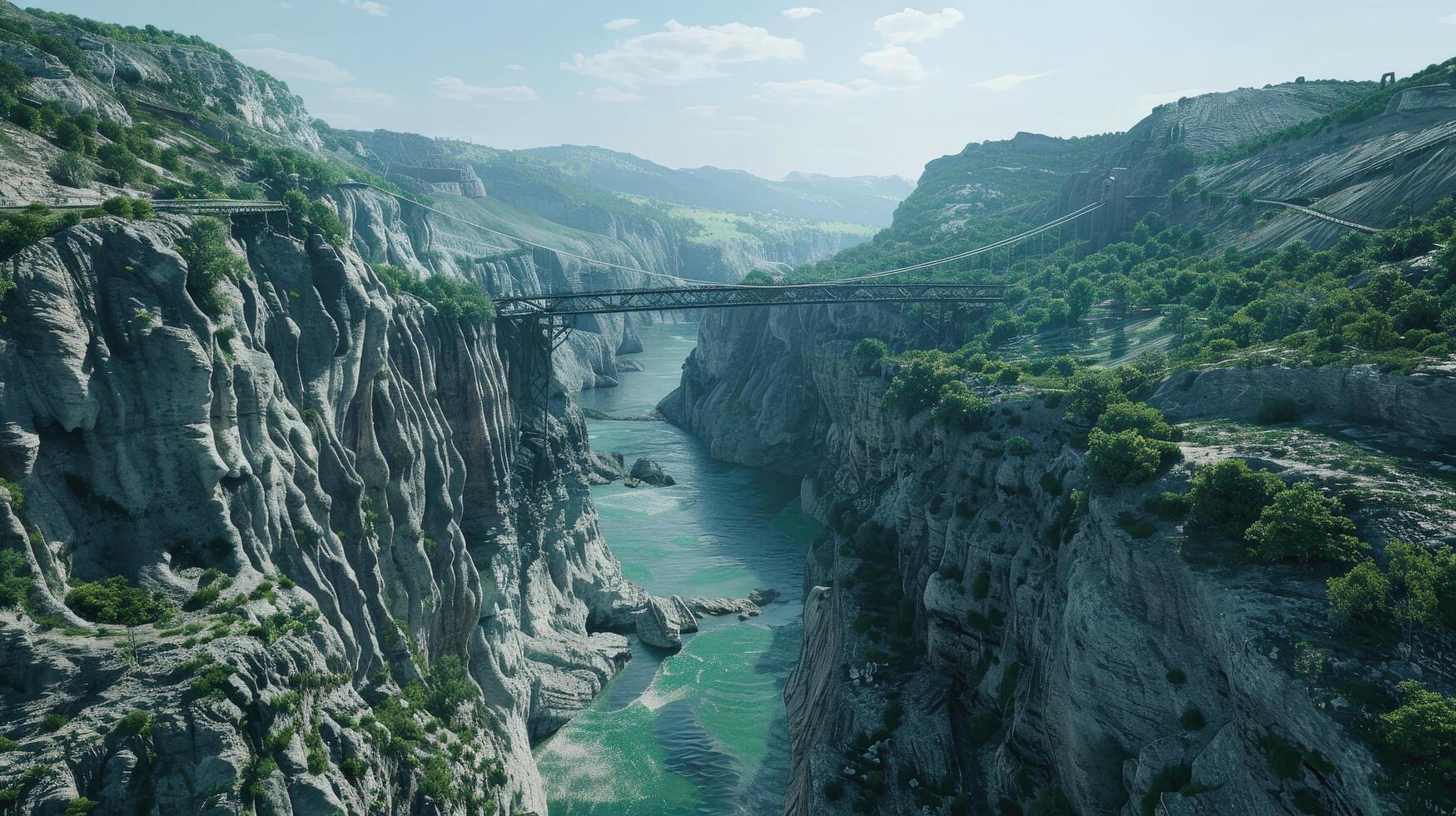 Majestic Canyon Landscape with River and Bridge Under Clear Sky photo