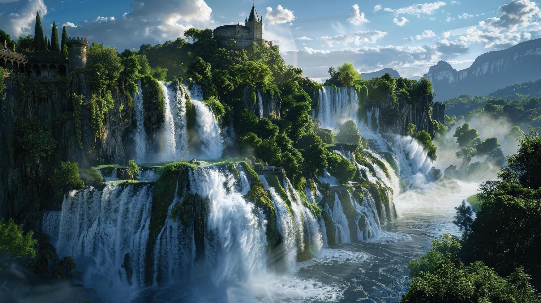 Majestic Waterfalls Cascade Through Lush Greenery Under Clear Sky photo