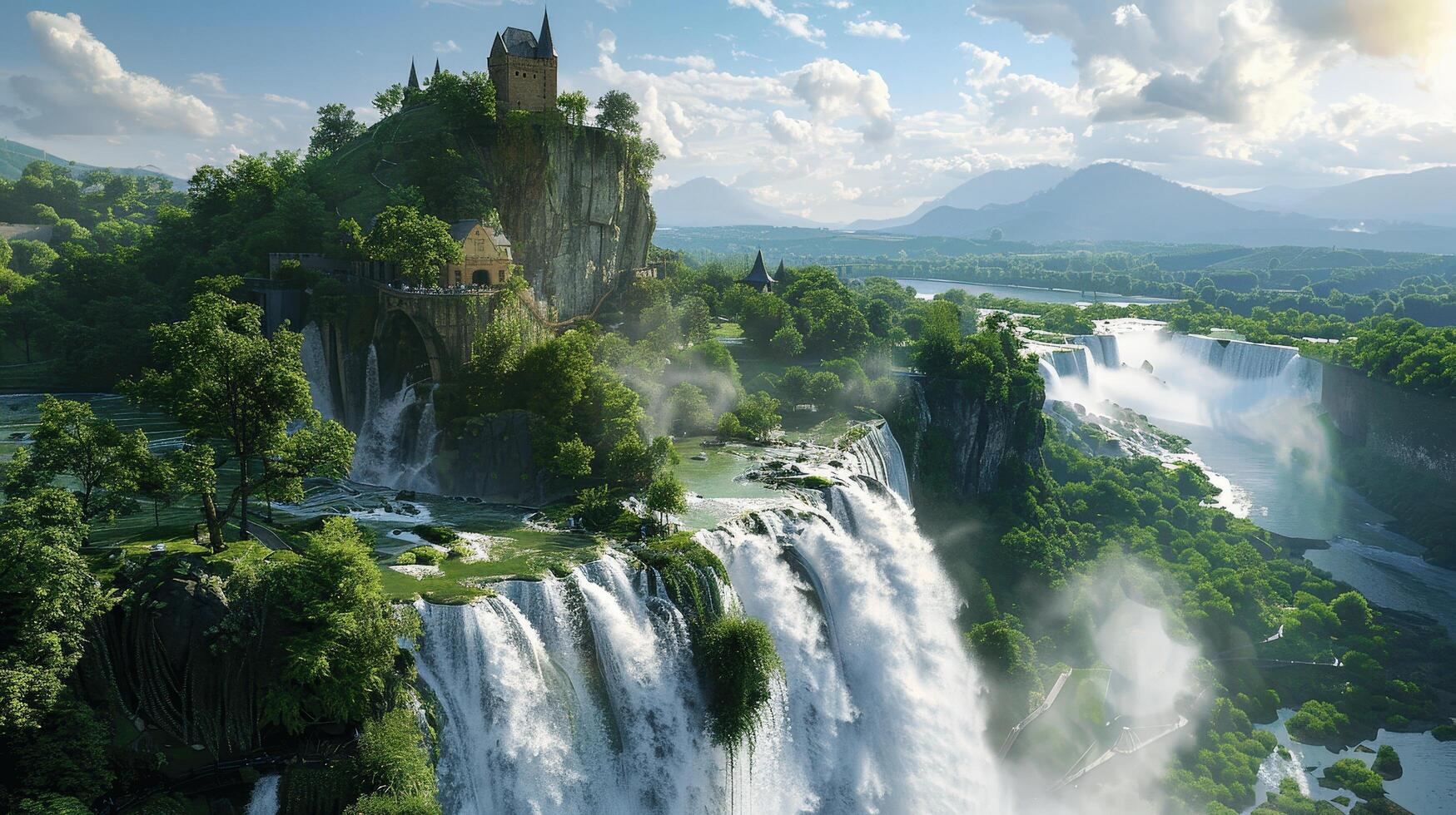 Majestic Waterfall Cascades Flowing Through Lush Green Valley Landscape photo