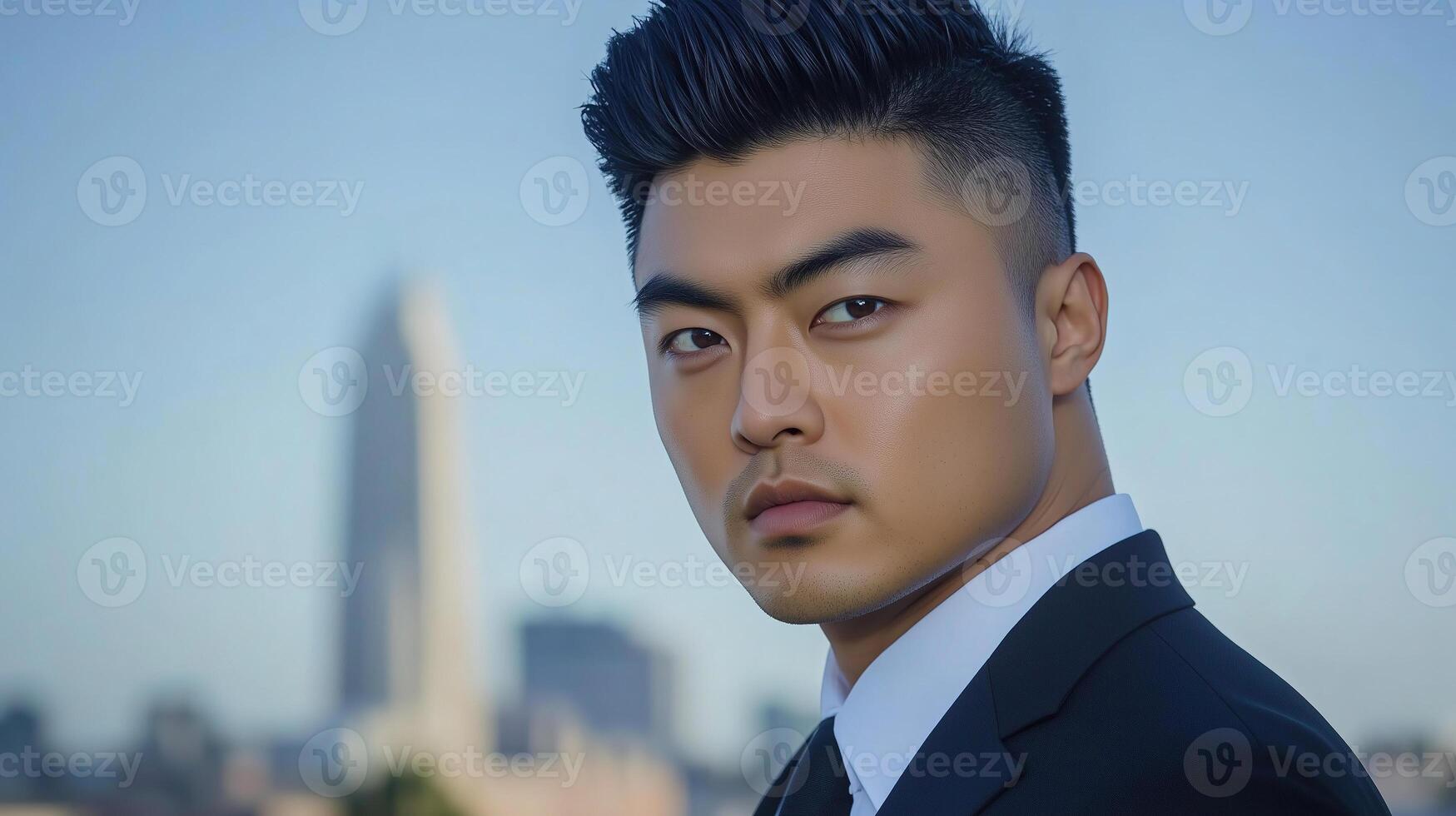 Asian man in formal attire poses confidently against a city skyline backdrop photo