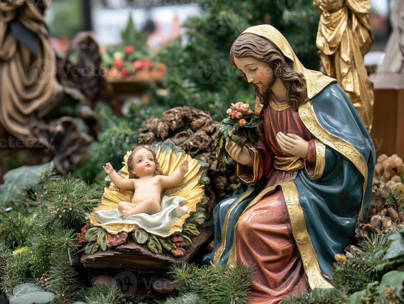 Representation of the Nativity with Joseph and the newborn Jesus in a serene setting photo