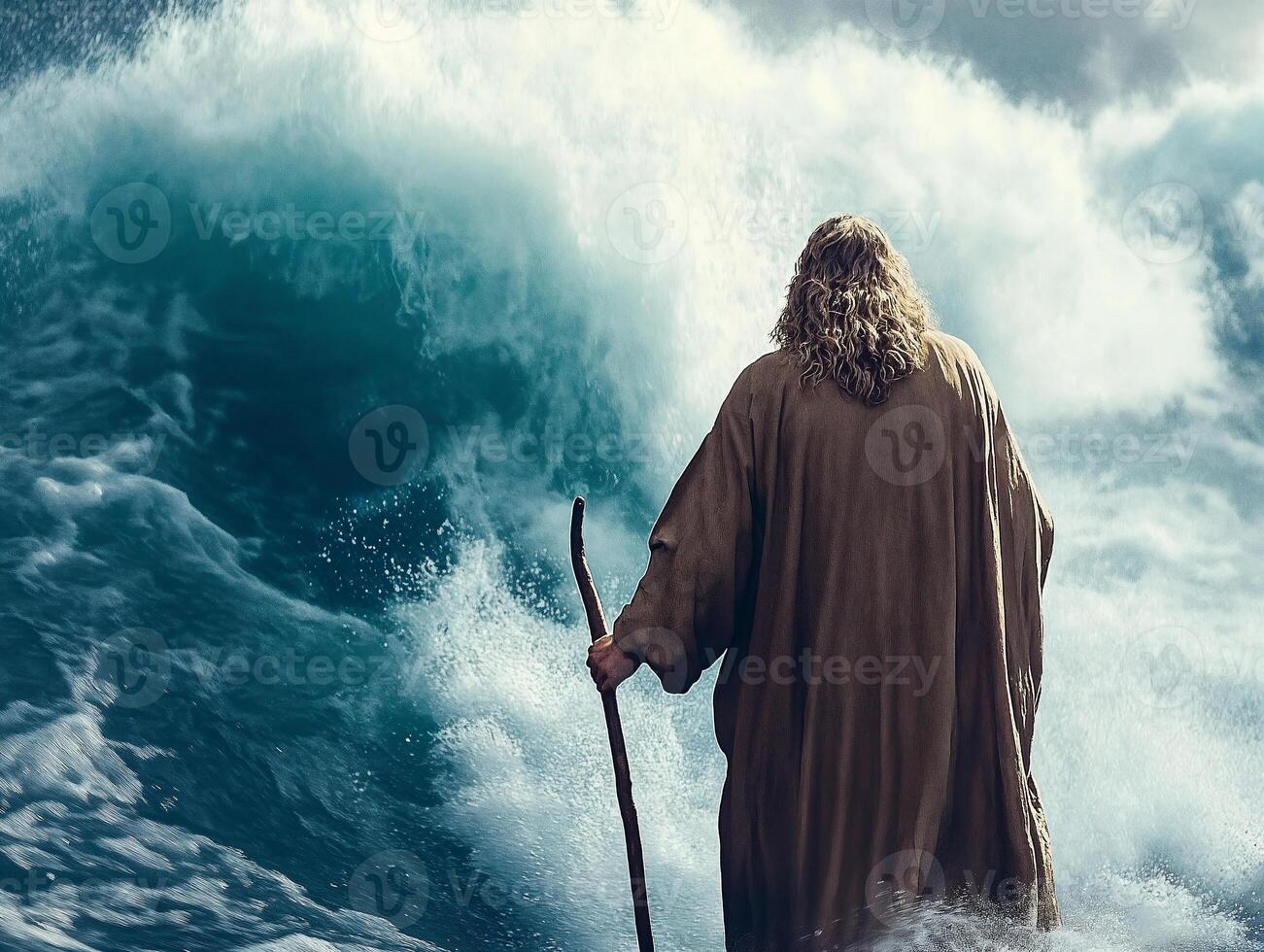 Moses parts the Red Sea amid towering waves and dramatic skies photo