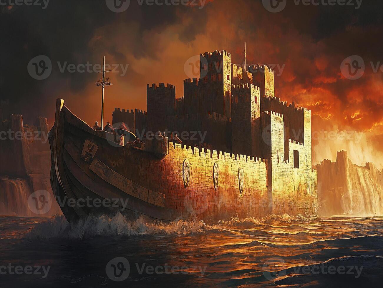 A majestic ship castle sails through stormy seas during a biblical epic. Noahs Ark photo