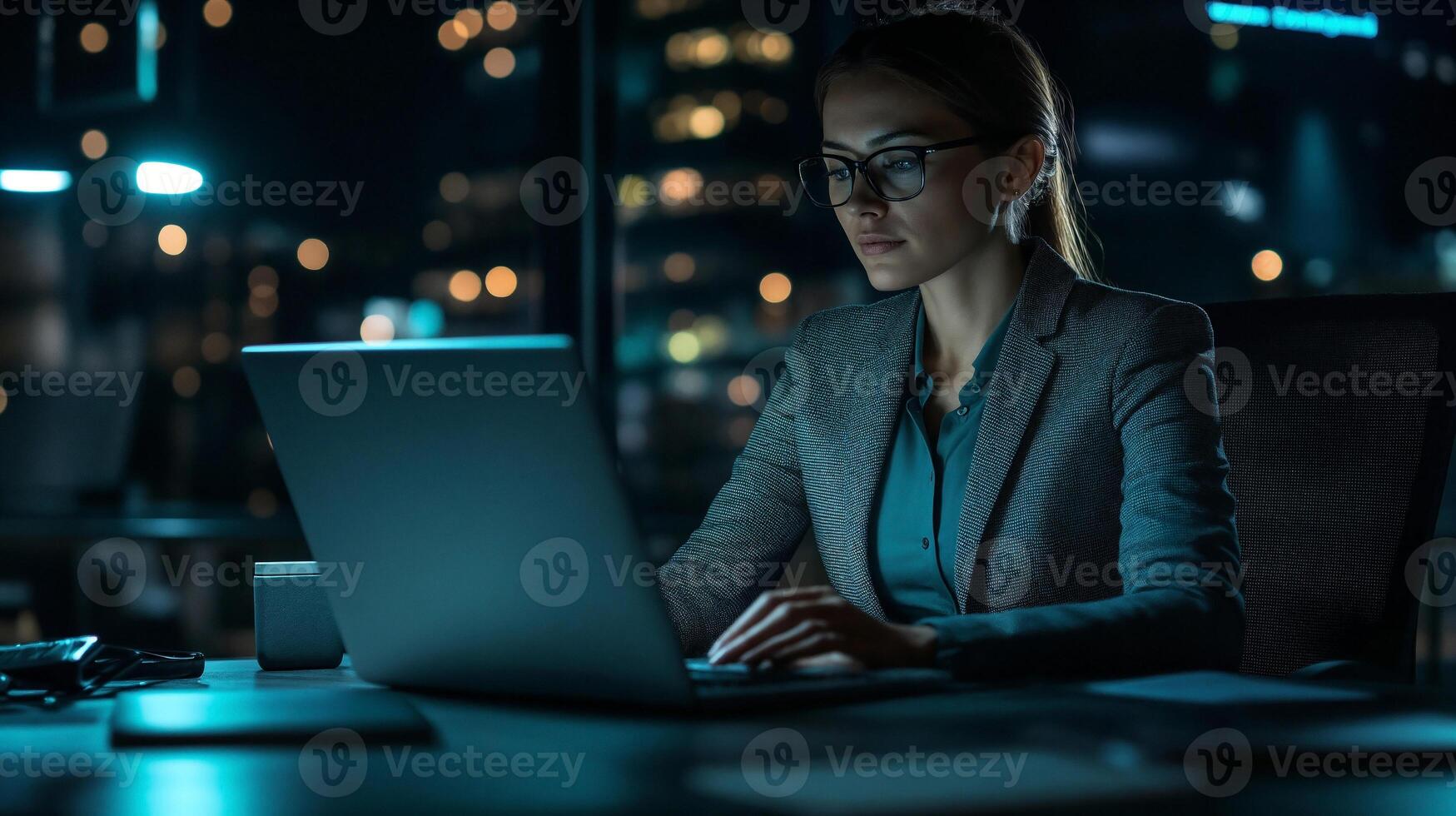 Woman working diligently at a computer in a modern office during nighttime hours photo