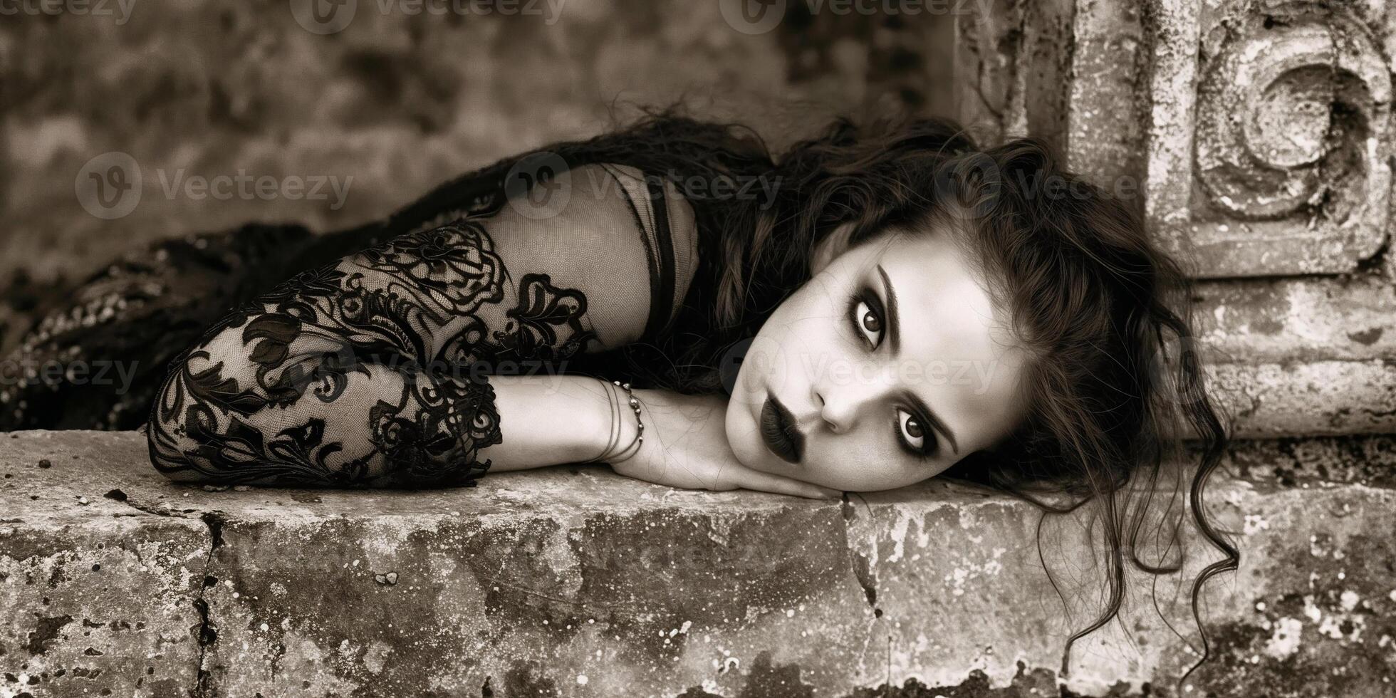 A teenage girl with long hair and dark clothing lies on a weathered stone surface, lost in thought photo