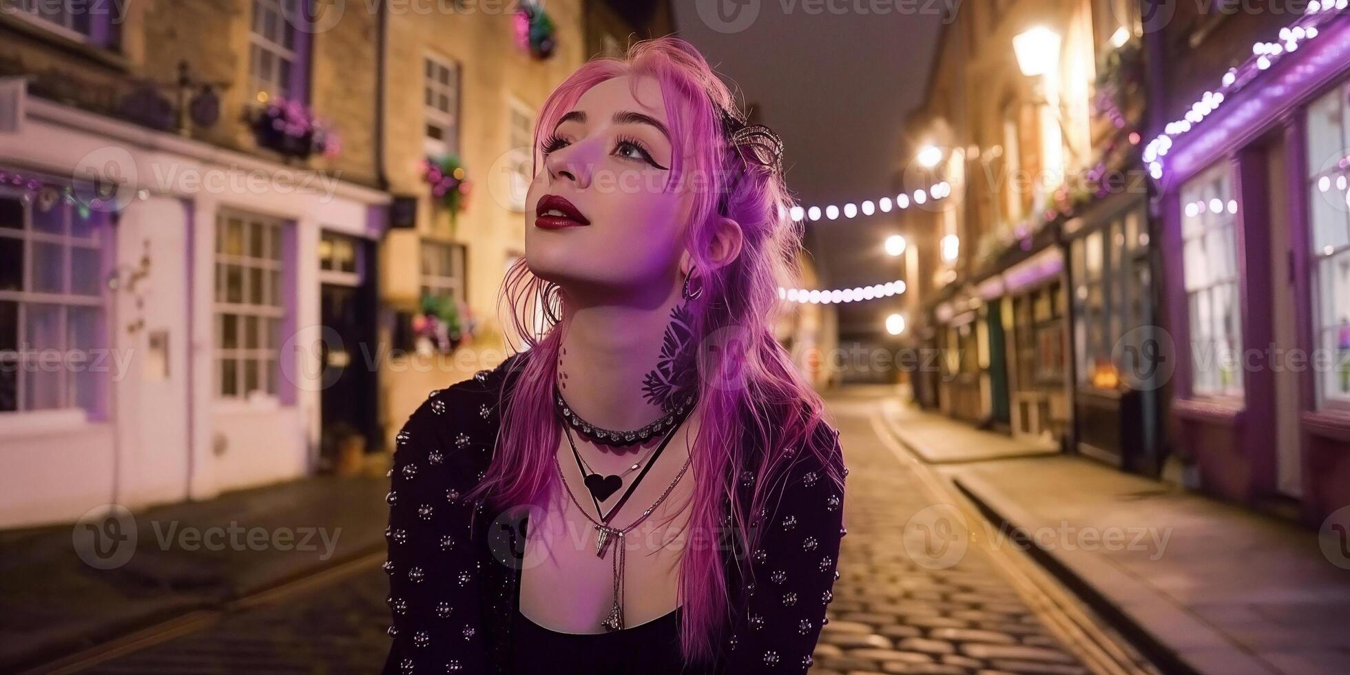 Teenage girl in a subculture reflects in a cobblestone street during evening hours photo