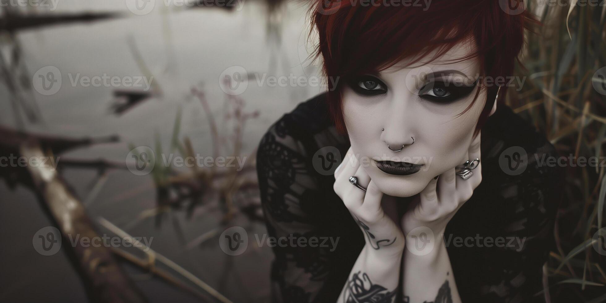 Thoughtful teenage goth girl in an evening landscape reflecting on life and emotions photo