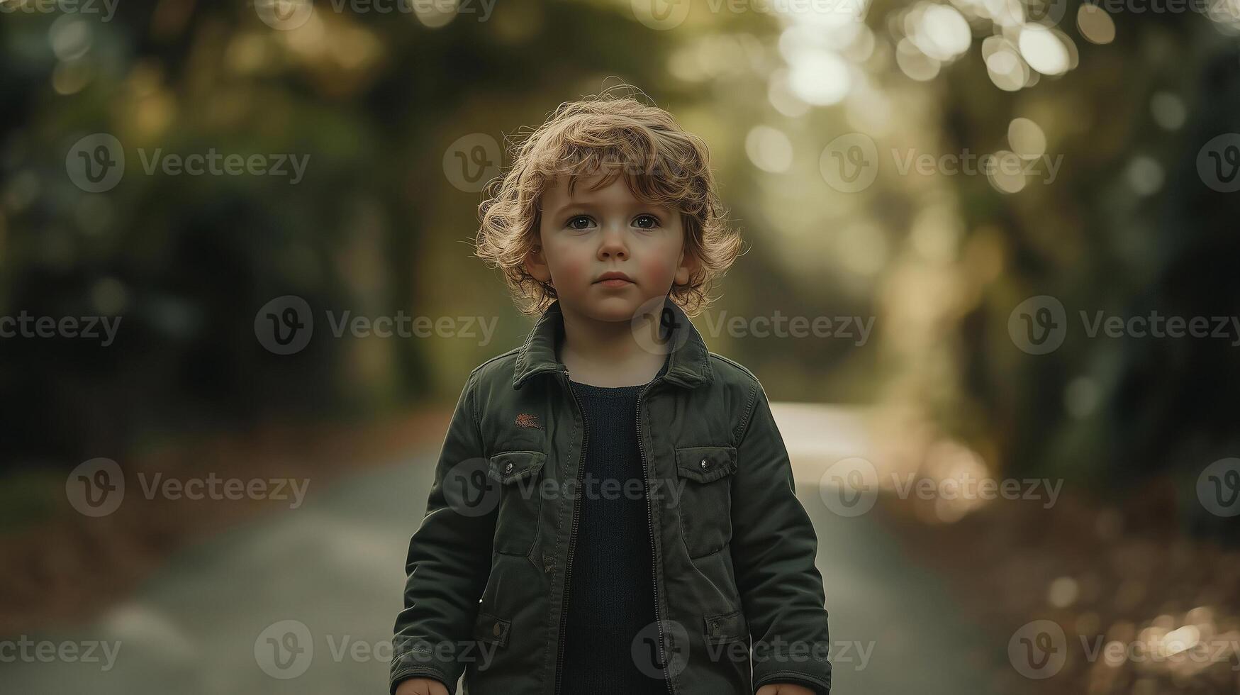 Curly-haired boy exploring woodland path surrounded by nature photo