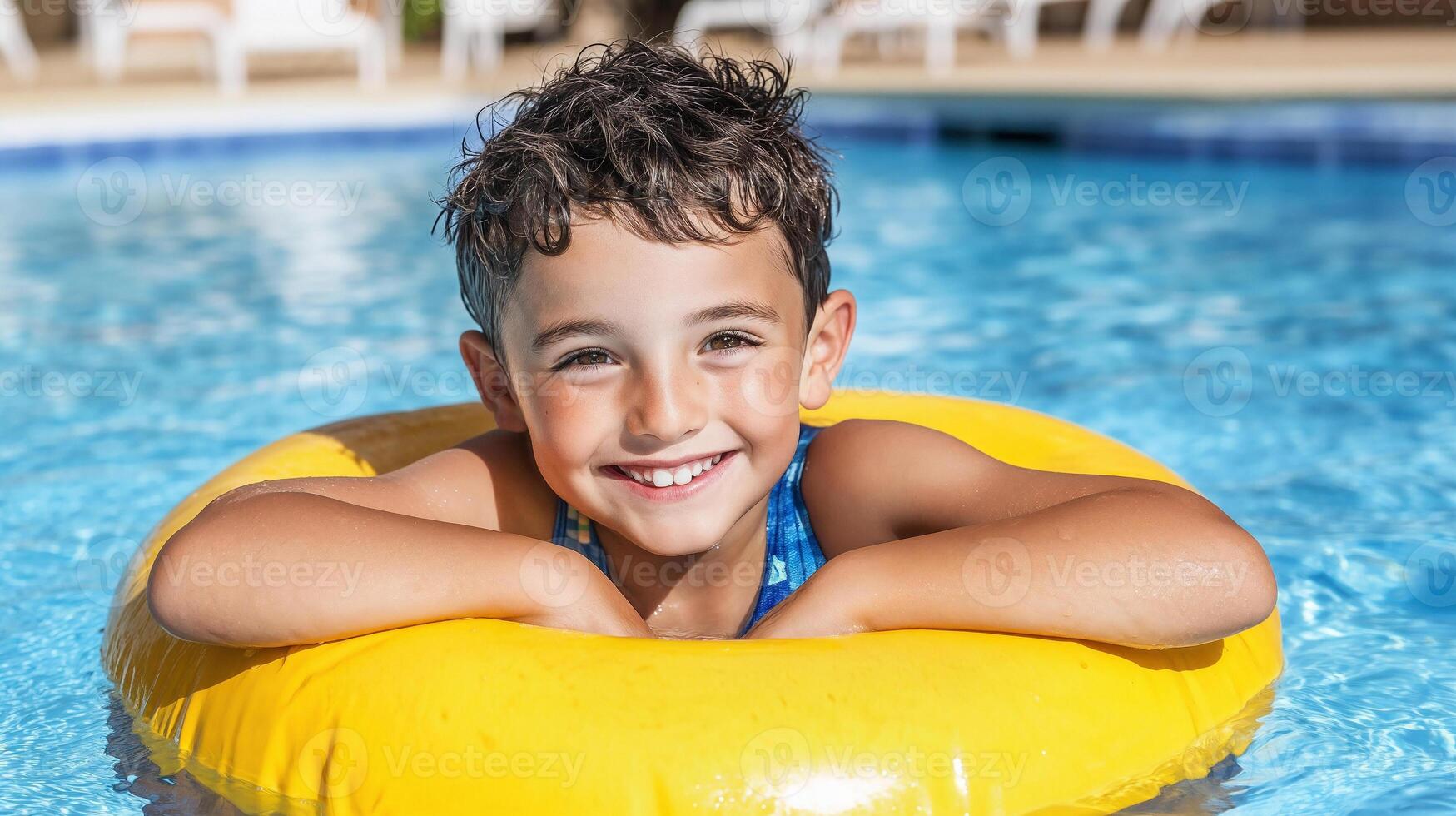 Smiling boy enjoying summer fun in pool with yellow float ring photo