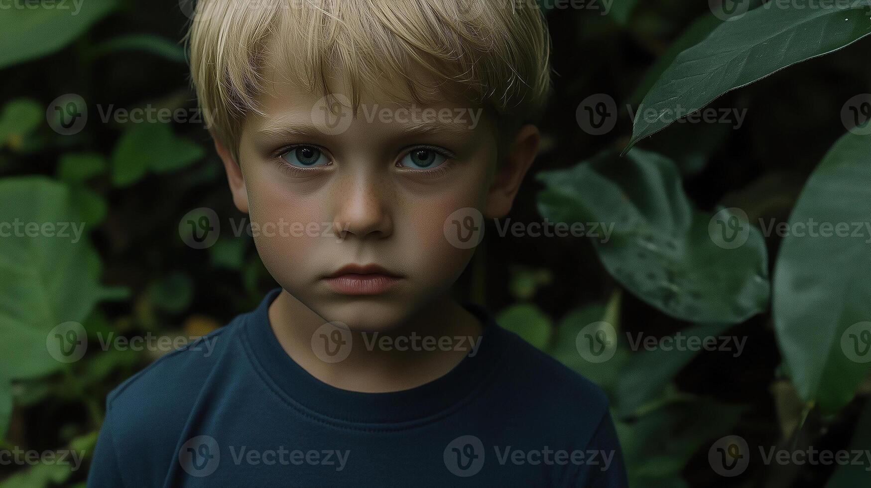 Child enjoying summer in lush greenery with a serious expression on their face photo