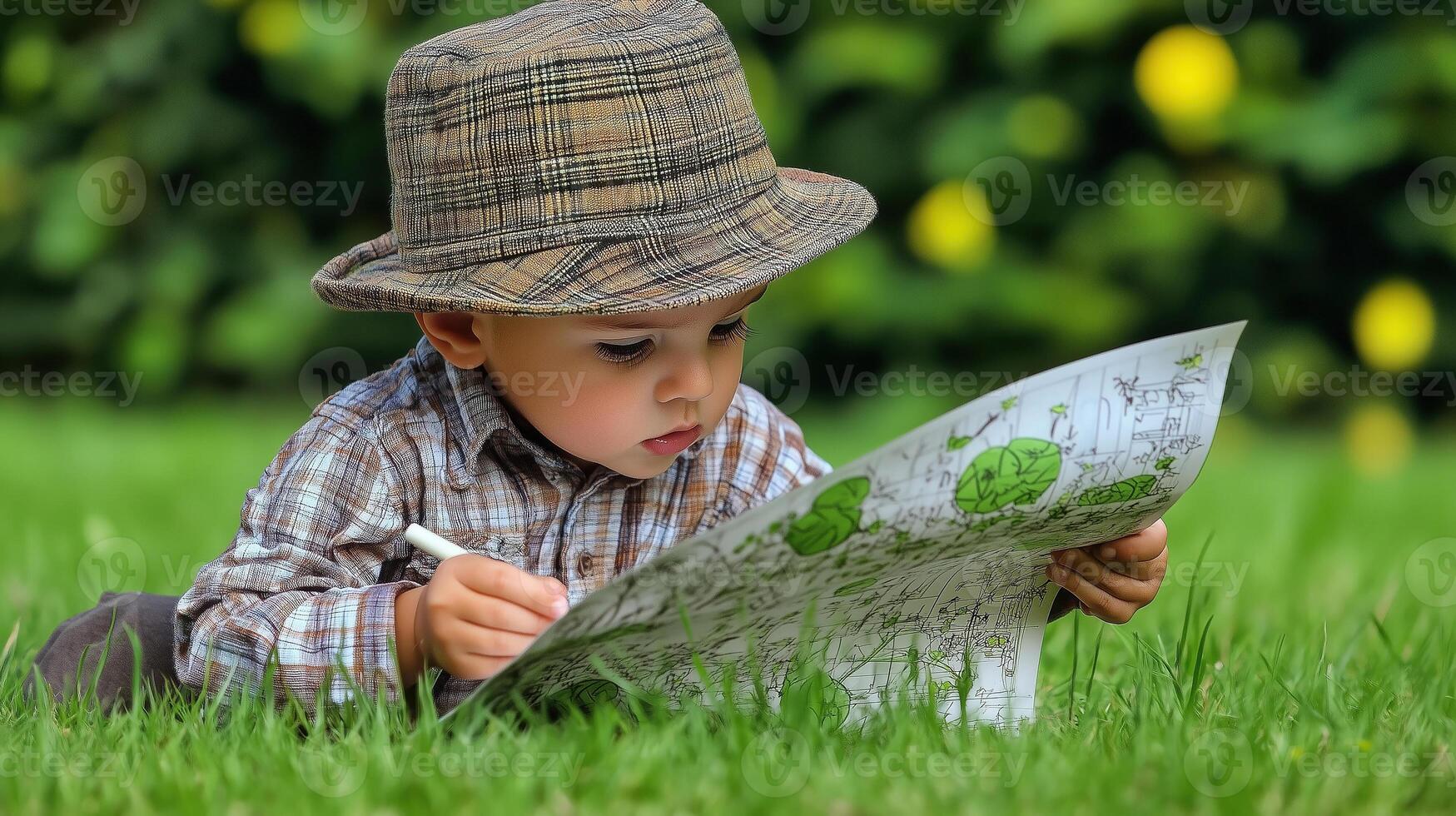Boy exploring nature while drawing in bright summer setting photo