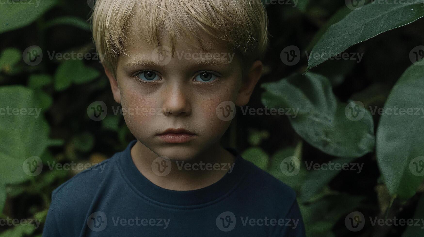 Boy with blonde hair in a lush green environment during summer photo